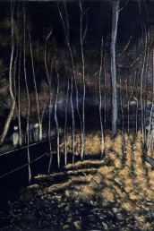 Schilderij van Alexandra Verkerk op fake bont, acrylverf, je ziet een bos in de nacht beschenen door auto's en spannende sfeer