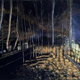 Schilderij van Alexandra Verkerk op fake bont, acrylverf, je ziet een bos in de nacht beschenen door auto's en spannende sfeer