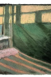 Schilderij van Alexandra Verkerk op imitatie bont, kamer met een bed