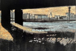 Schilderij van Alexandra Verkerk op fake bont, acrylverf, je ziet een statsgezicht aan de horizon vanaf de andere kant van het water onder een brug