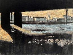 Schilderij van Alexandra Verkerk op fake bont, acrylverf, je ziet een statsgezicht aan de horizon vanaf de andere kant van het water onder een brug