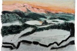schilderij Alexandra Verkerk, laat een ijzig landschap zien acryl op imitatie bont