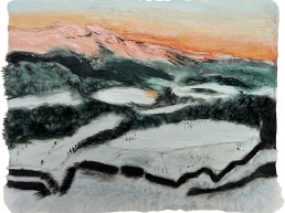 schilderij Alexandra Verkerk, laat een ijzig landschap zien acryl op imitatie bont