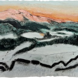 schilderij Alexandra Verkerk, laat een ijzig landschap zien acryl op imitatie bont