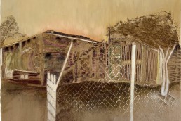 Schilderij van Alexandra Verkerk op imitatie bont, schuur in de woestijn