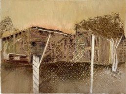 Schilderij van Alexandra Verkerk op imitatie bont, schuur in de woestijn