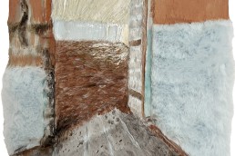 Schilderij van Alexandra Verkerk, laat een ruimte zien achter een deur acryl op imitatie bont