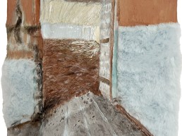 Schilderij van Alexandra Verkerk, laat een ruimte zien achter een deur acryl op imitatie bont