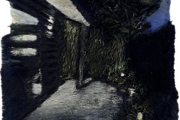 Schilderij Alexandra Verkerk, een tuin met terras in de nacht, acryl op imitatie bont