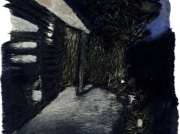 Schilderij Alexandra Verkerk, een tuin met terras in de nacht, acryl op imitatie bont