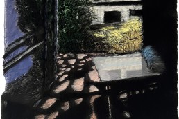 Schilderij Alexandra Verkerk luitzicht op een verlicht huis in aanbouw in de avond, acryl op imitatie bont