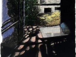 Schilderij Alexandra Verkerk luitzicht op een verlicht huis in aanbouw in de avond, acryl op imitatie bont