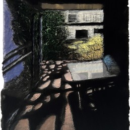 Schilderij Alexandra Verkerk luitzicht op een verlicht huis in aanbouw in de avond, acryl op imitatie bont