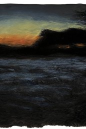 Schilderij Alexandra Verkerk, acryl op imitatie bont, zonsondergang en een thunderstorm