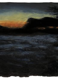 Schilderij Alexandra Verkerk, acryl op imitatie bont, zonsondergang en een thunderstorm