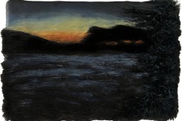Schilderij Alexandra Verkerk, acryl op imitatie bont, zonsondergang en een thunderstorm