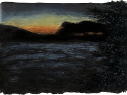 Schilderij Alexandra Verkerk, acryl op imitatie bont, zonsondergang en een thunderstorm