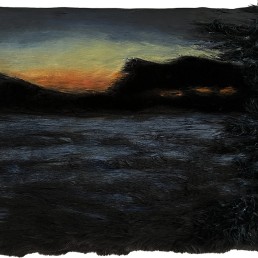 Schilderij Alexandra Verkerk, acryl op imitatie bont, zonsondergang en een thunderstorm